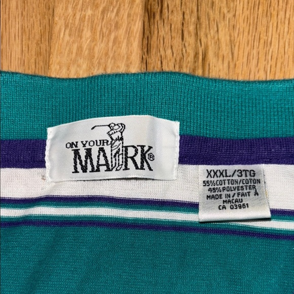 On Your mark Turquoise and White Horizontal Striped Polo Shirt Front Pocket - Picture 2 of 5